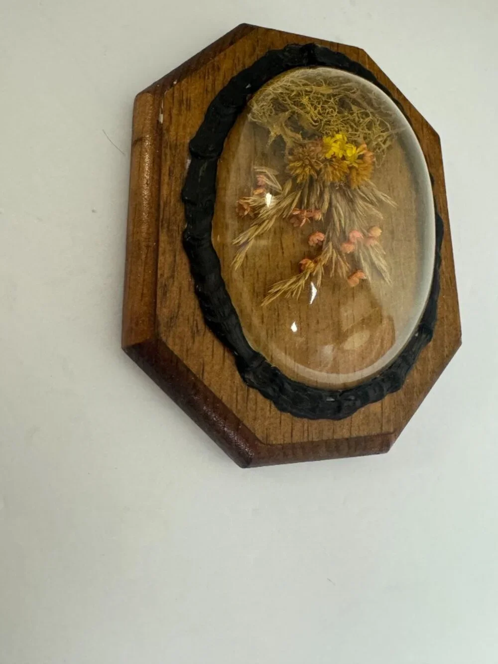 Vintage Dried Flowers Wall Hanging Art Convex Bubble Glass Wood Plaque.